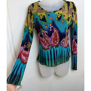 Boston Proper Womens Top Med Sheer Colorful Beaded Paisley Long Sleeve Festival